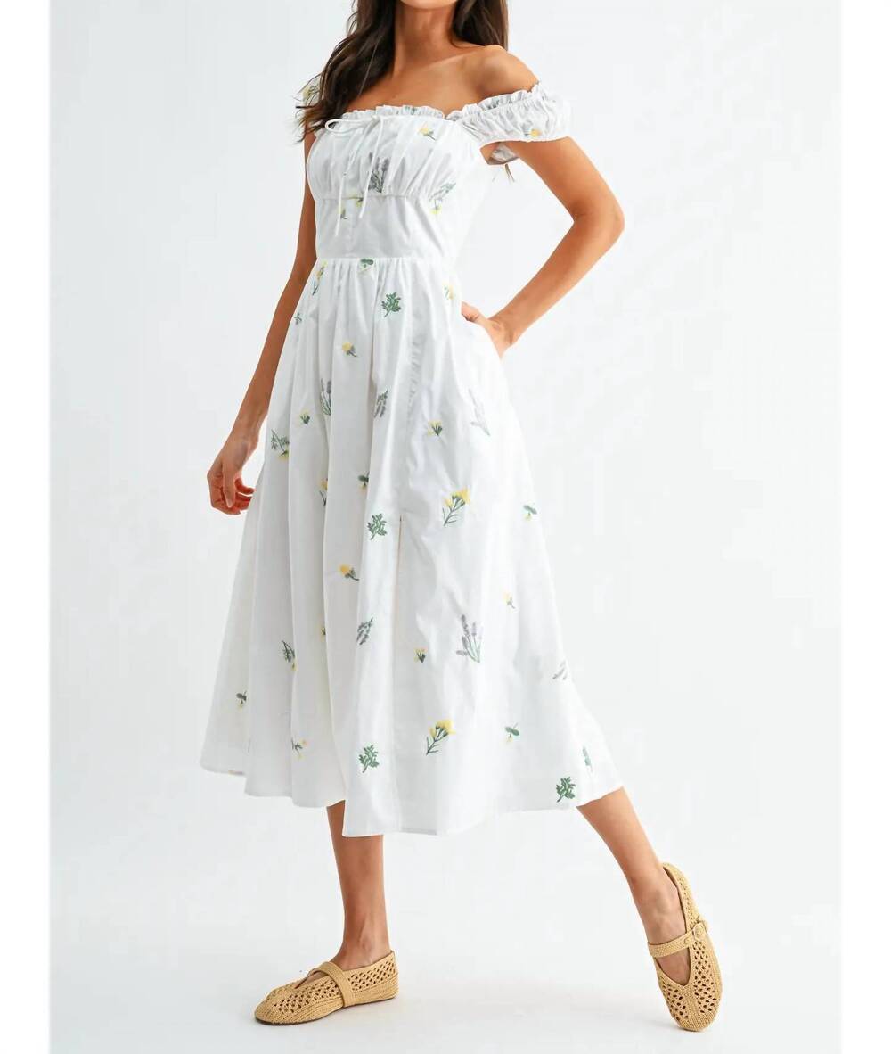 NEW CAMELLIA floral embroidered midi dress in white